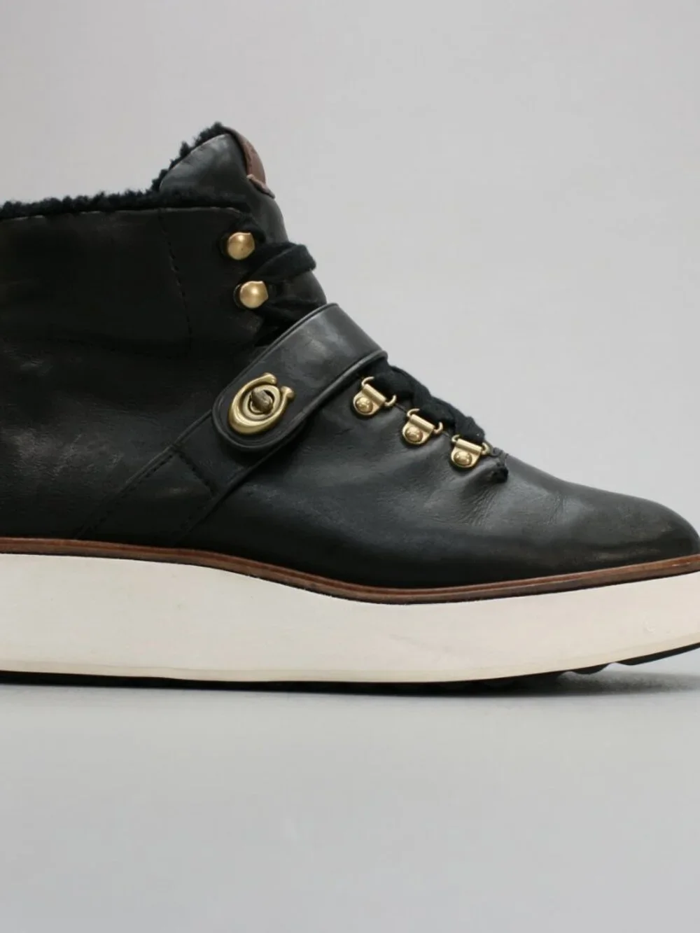 Coach Ladies 7.5 Urban Hiker Platform Black Leather Turn Lock Wedge Ankle Boots - Picture 4 of 12